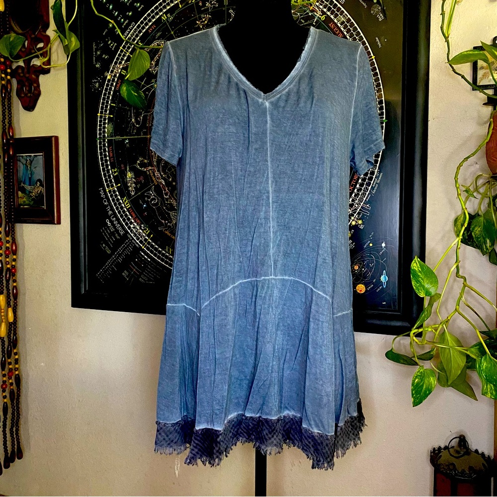 Hyku Distressed high front low back Dress. Blue/Grey. Tunic Dress. S/M